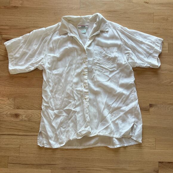 vintage Izod white small button down short sleeve rayon blouse seashell design - Picture 9 of 14